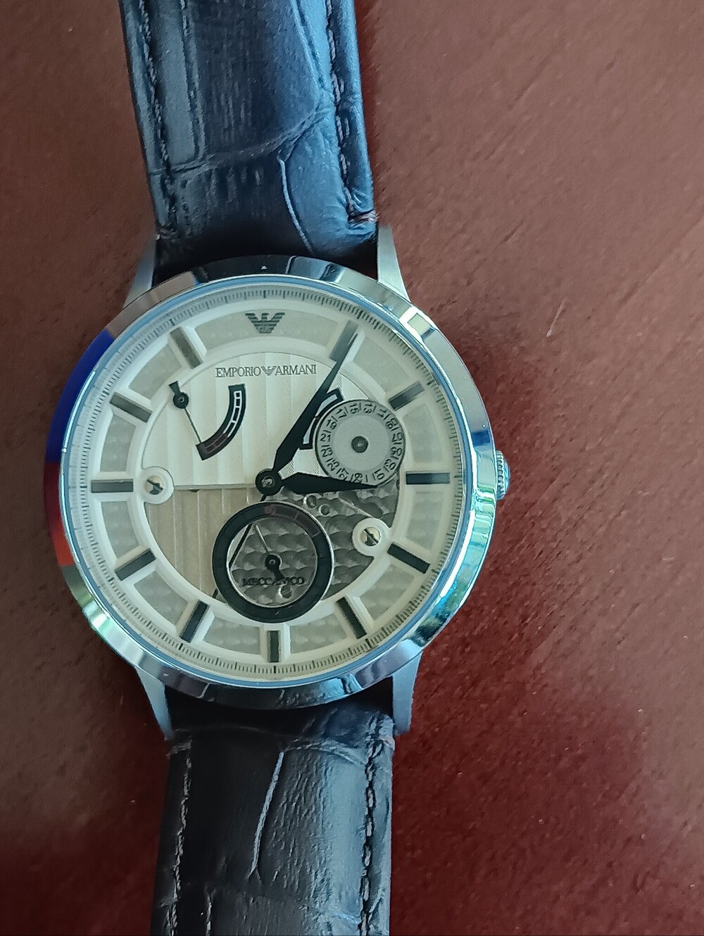 Emporio Armani Meccanico Watch..Black Leather Strap Silver-Tone Dial Men’s Watch